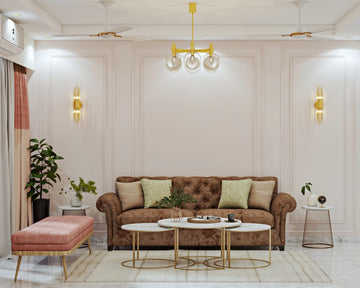 Compact Interior Design for Living Room with Brown Tufted Sofa